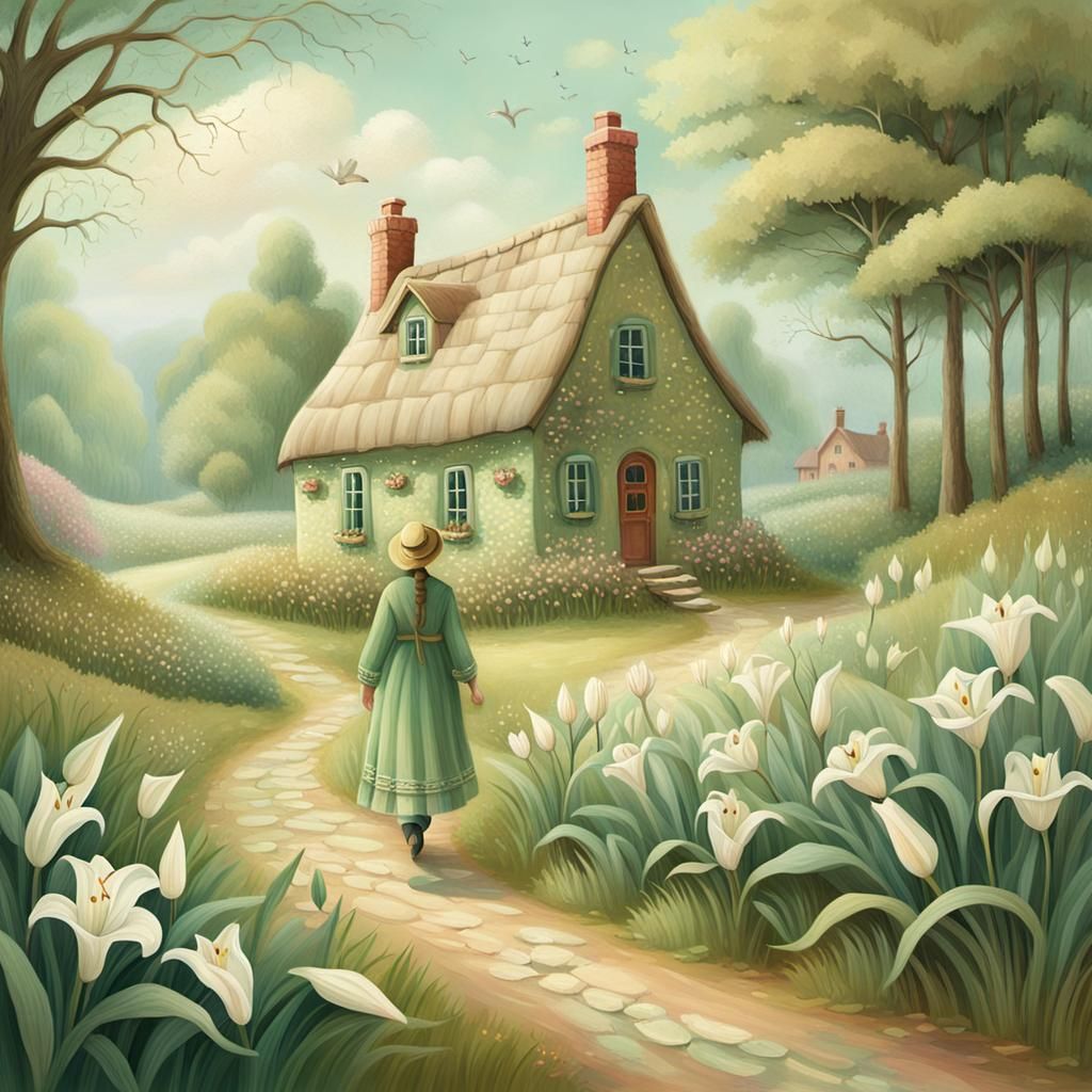 Figure Approaches Whimsical Cottage with Twin Lily
