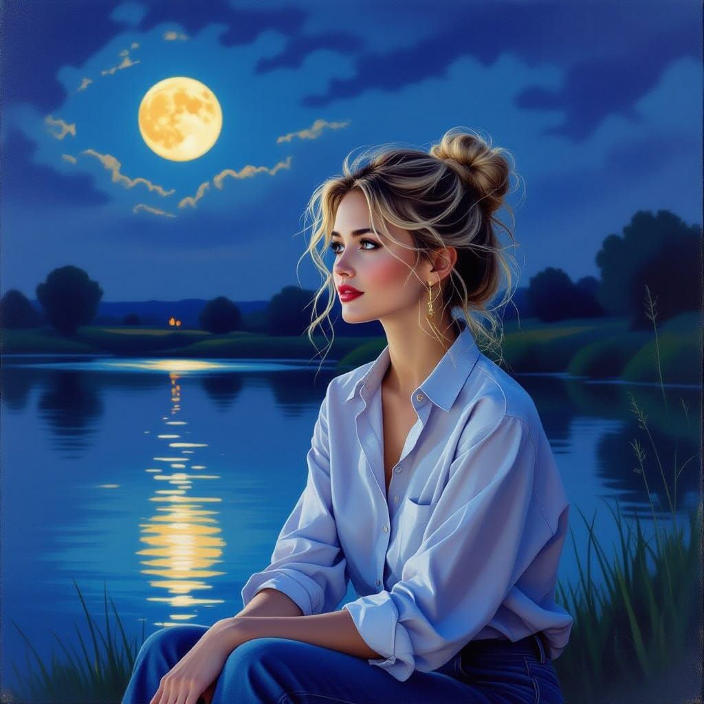 Dreamy Woman by Water in Impressionistic Style