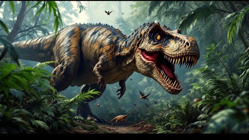 Tyrannosaurus Rex Hunts in Prehistoric Jungle