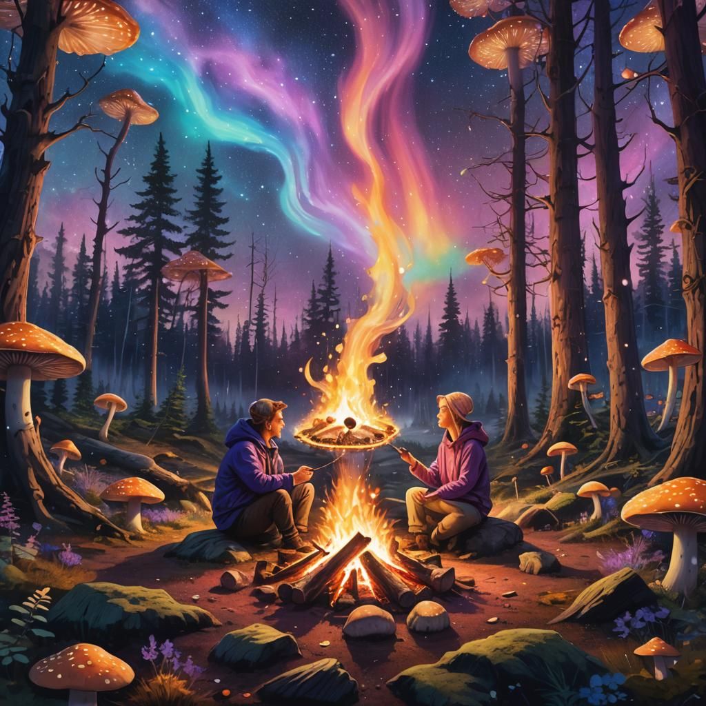 Astral Campfire Under Aurora Borealis