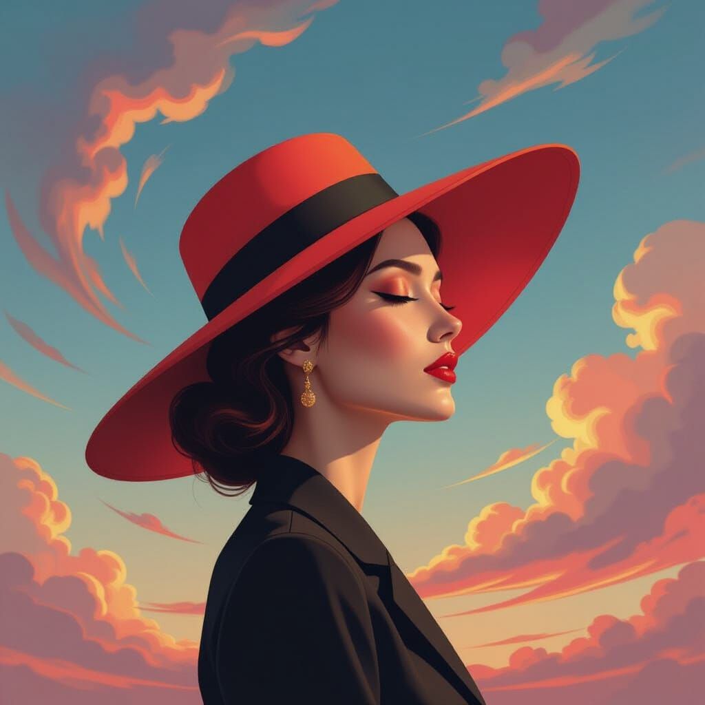 Woman in Hat Portrait with Swirling Sky