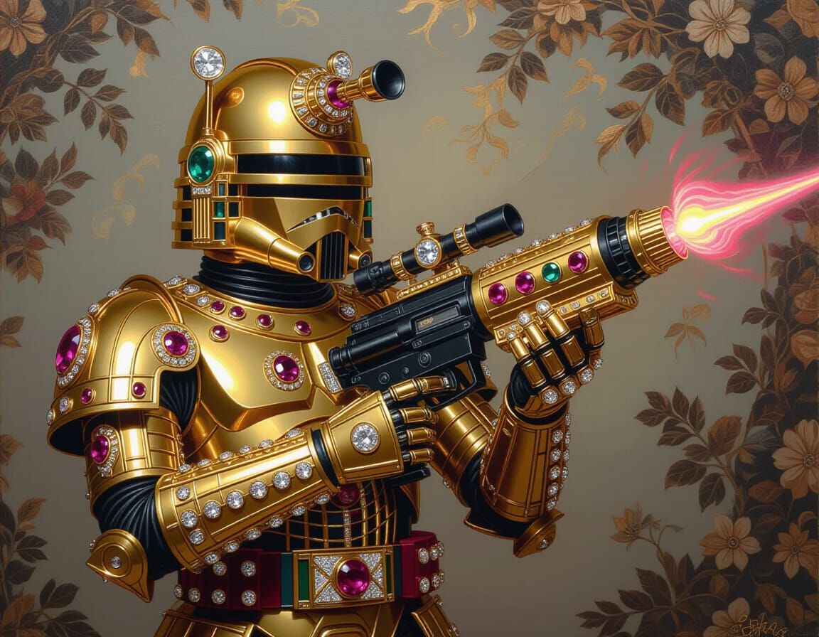 Gilded Cybernetic Figure with Jeweled Weapon, Oil Painting