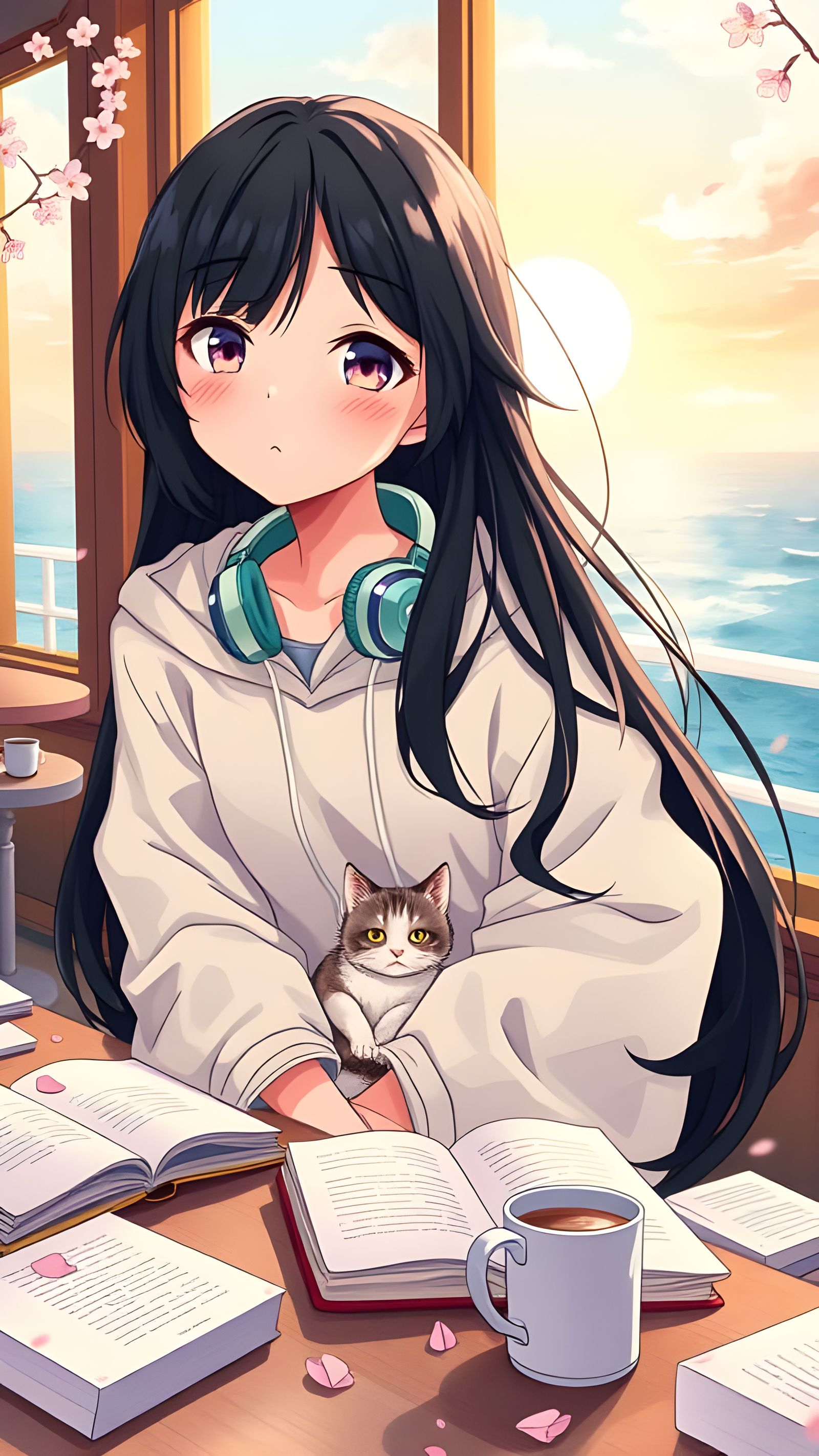 Anime Girl Finds Serenity in Seaside Café