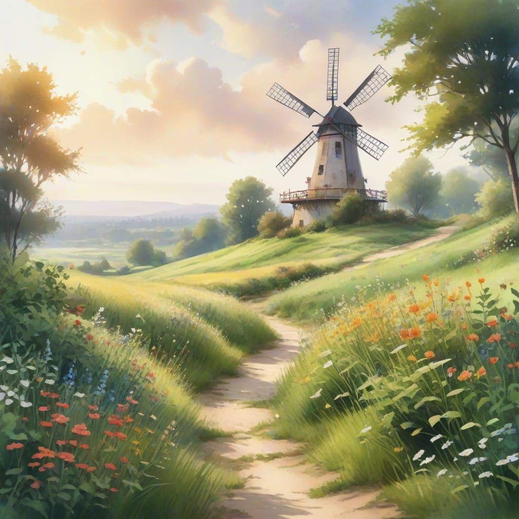 Whimsical Windmill Scene in Watercolor Style