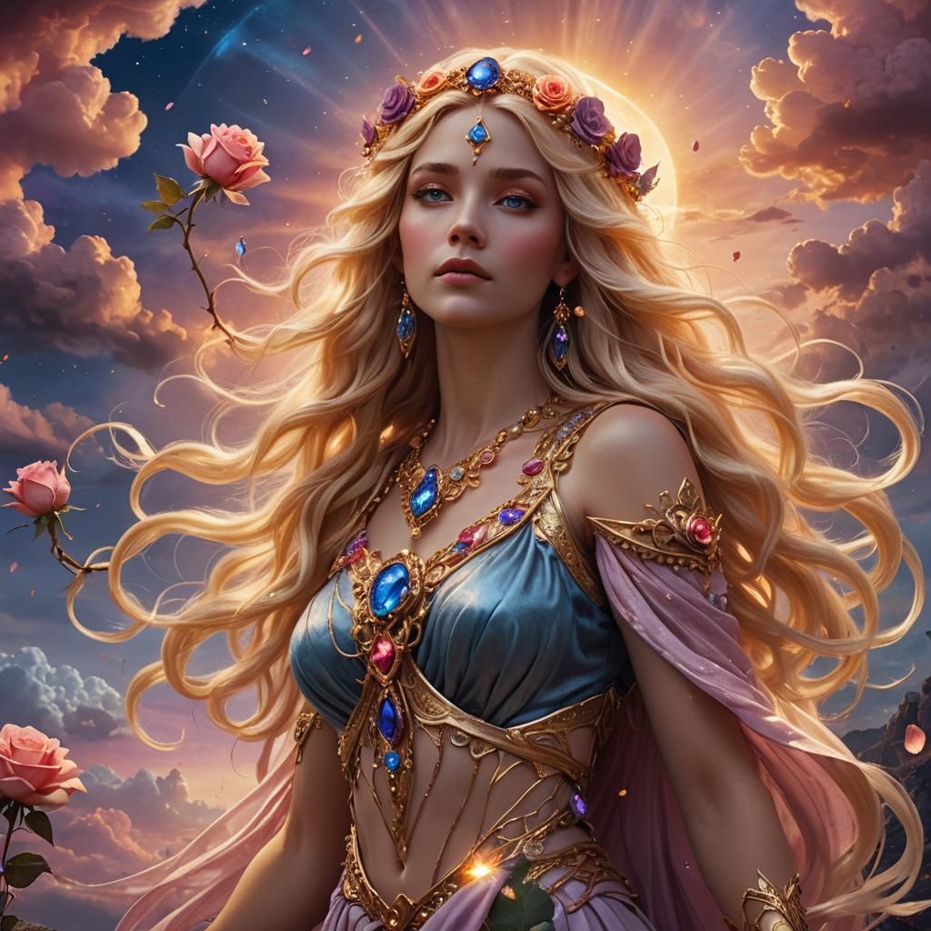 Goddess with Rose in Mystical Sky