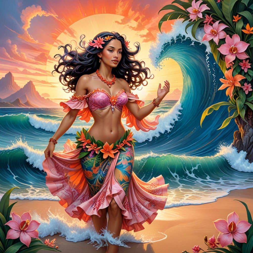 Hawaiian Hula Dancer on Beach at Sunset