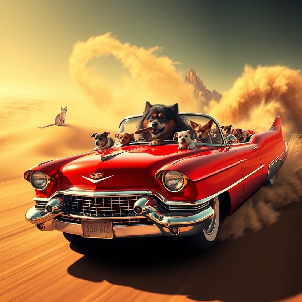Crimson Cadillac Driven by Dog in Surreal Desert