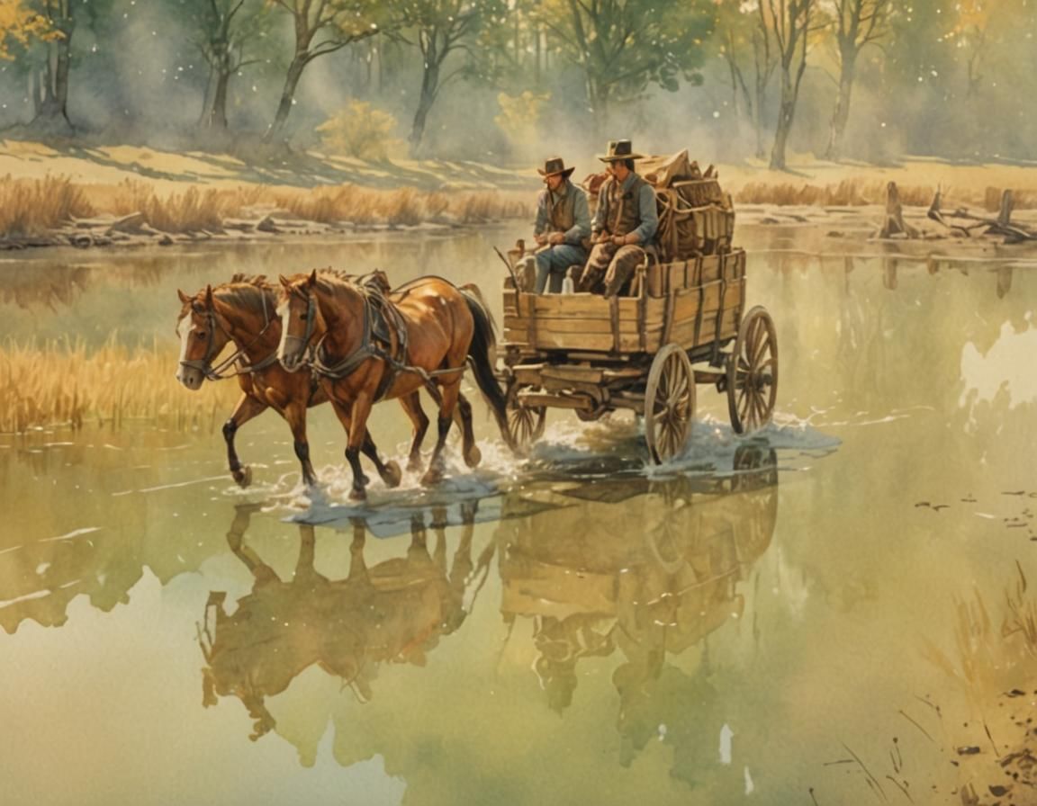 Old West Wagon at River's Edge: Watercolor Comic Art