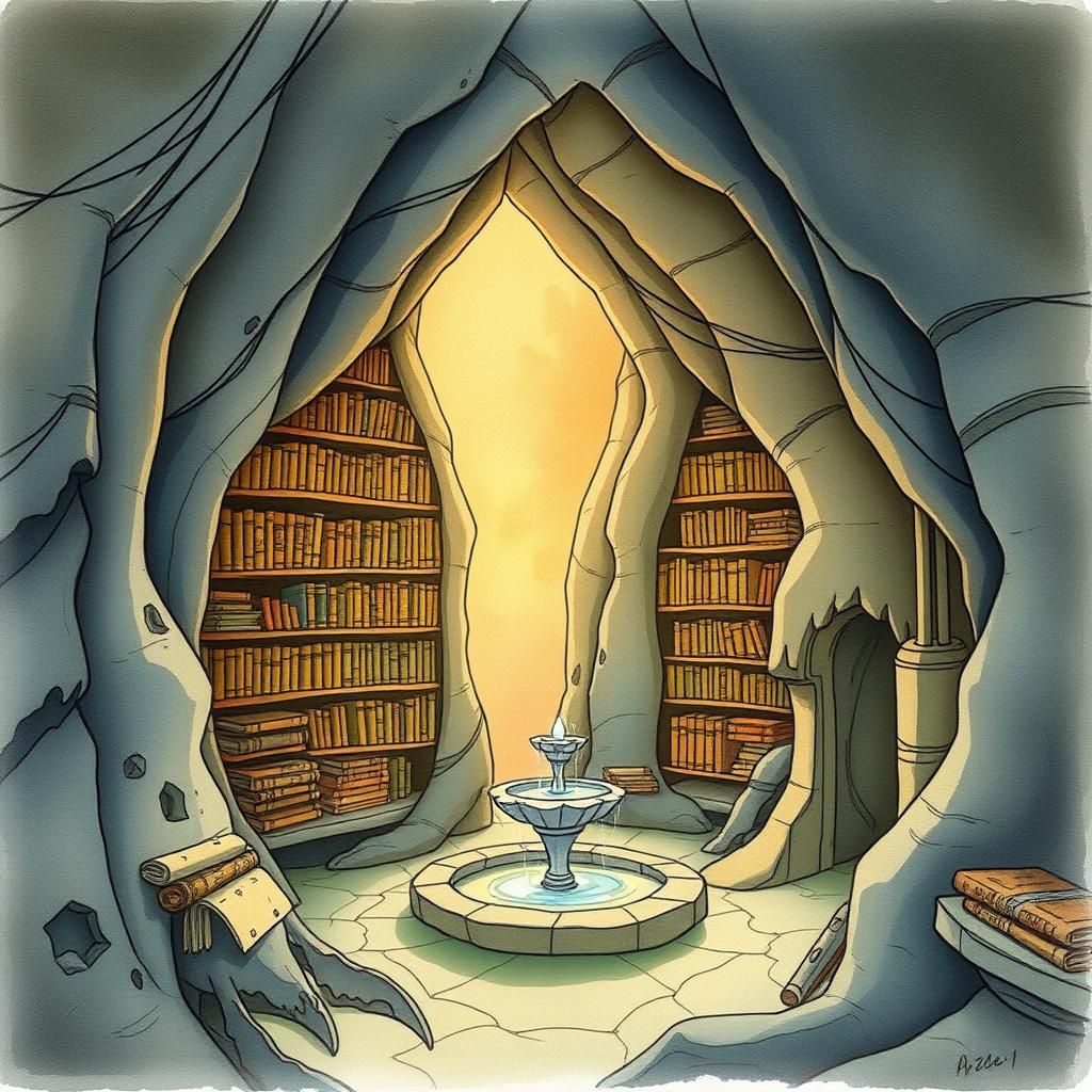 Mystical Library Cave Watercolor Illustration