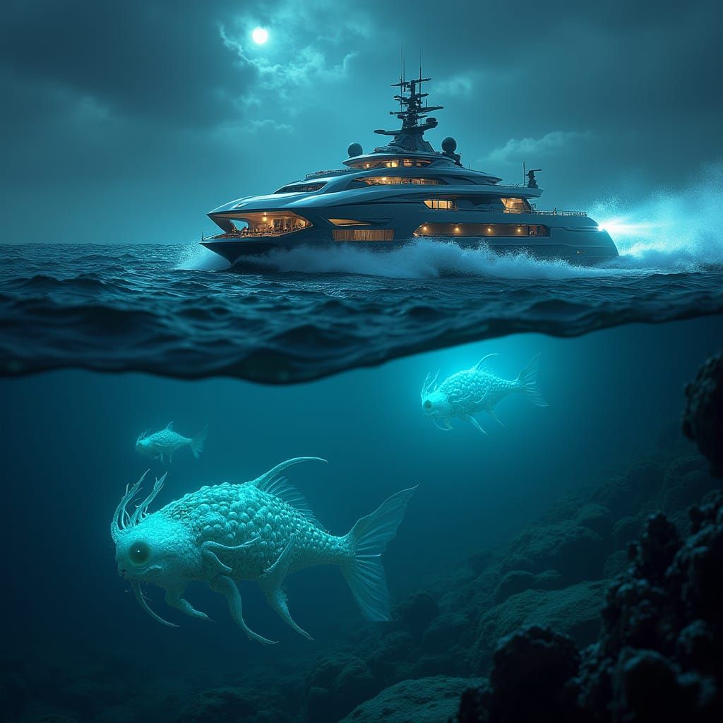 Futuristic Yacht Illuminates Bioluminescent Alien Ocean