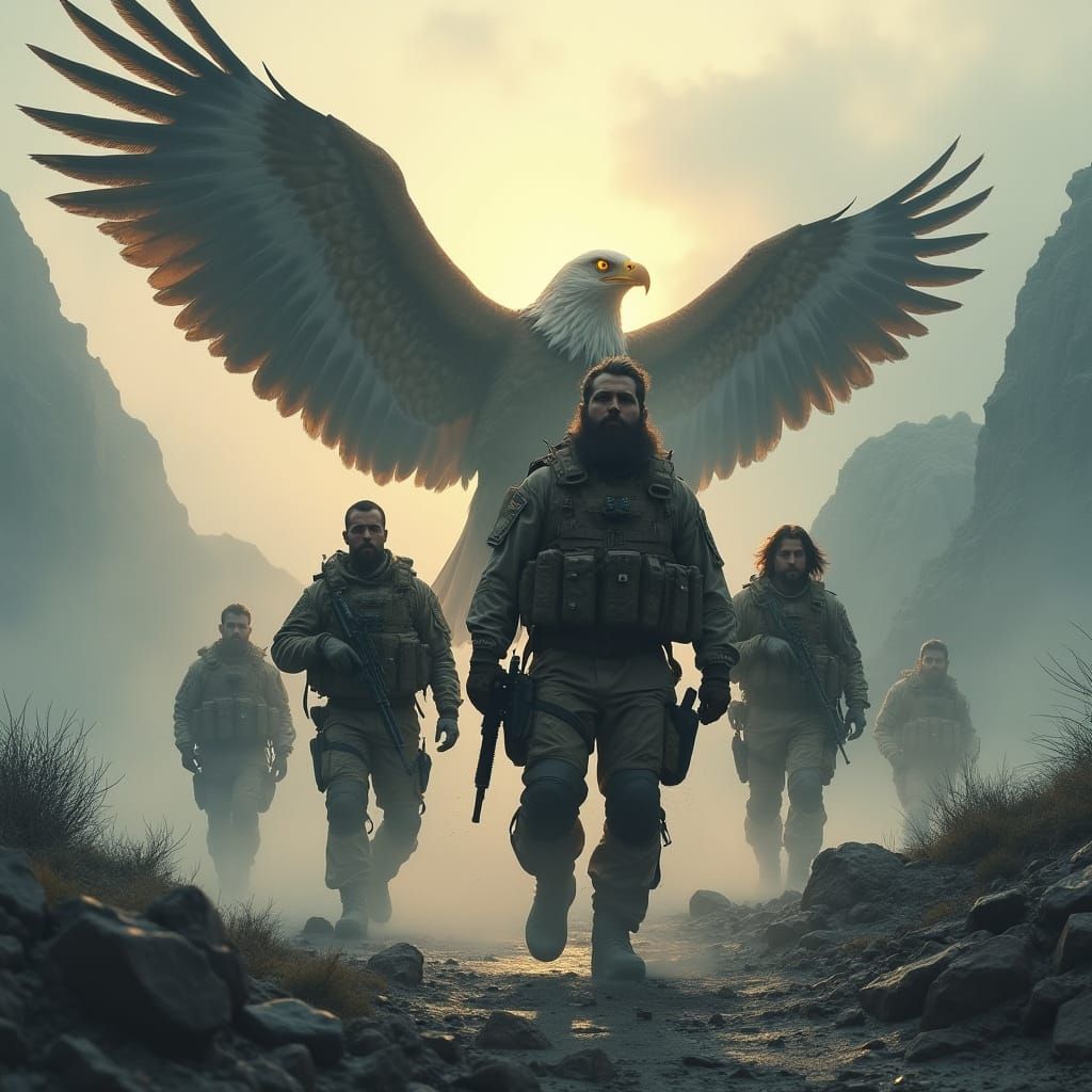 US Navy SEALs Walk Through Misty Mountains with Majestic Eag...