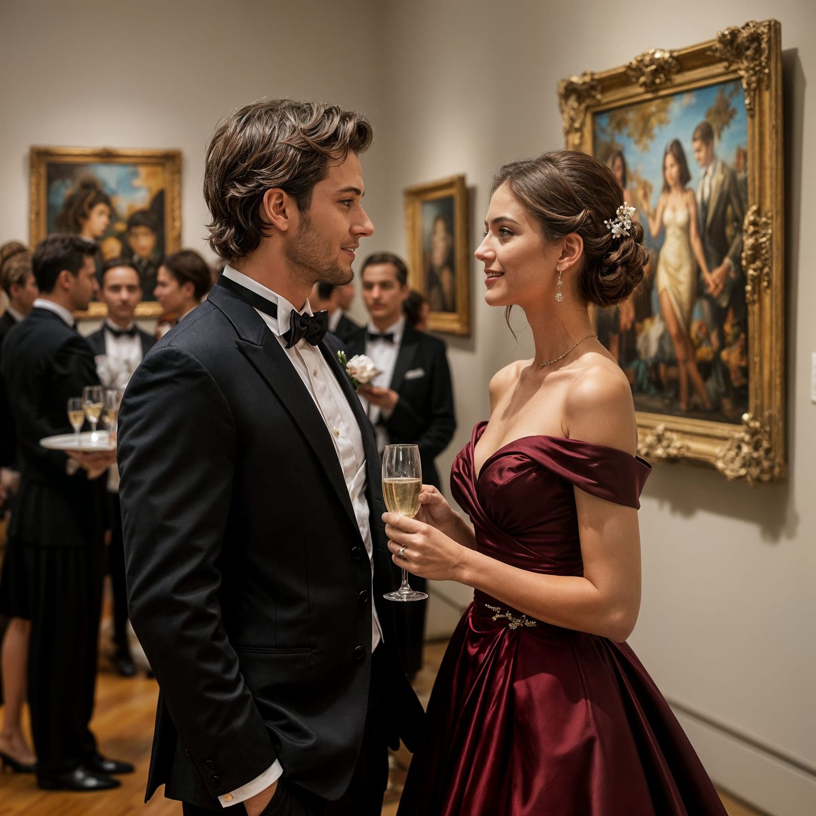 Elegant Couple at Museum Exhibit in Art Nouveau Style