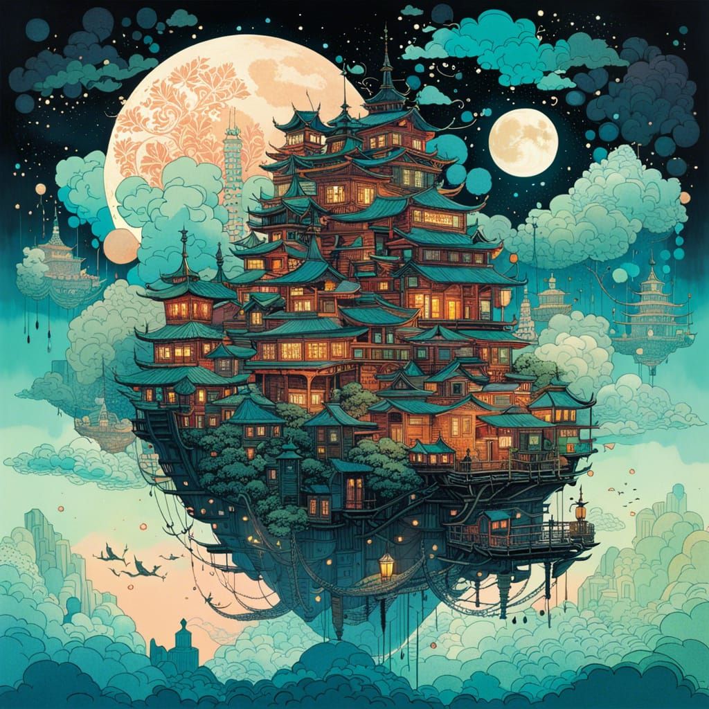 Enchanted Floating City in Pastel Colors