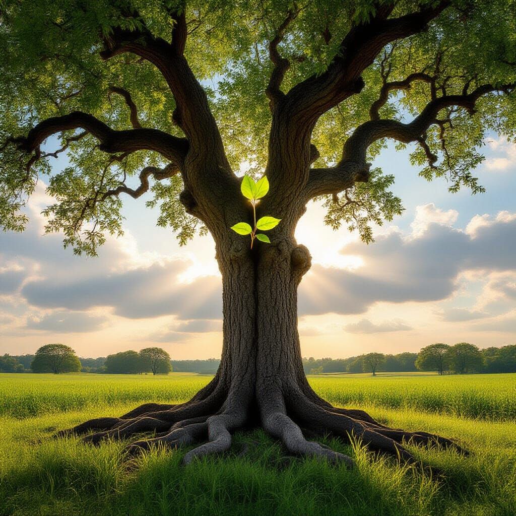 Ancient Tree Guards Lone Leaf in Oil Painting Style