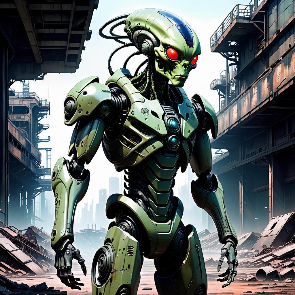 Anime Alien Cyborg in Ruined Sci-Fi Landscape