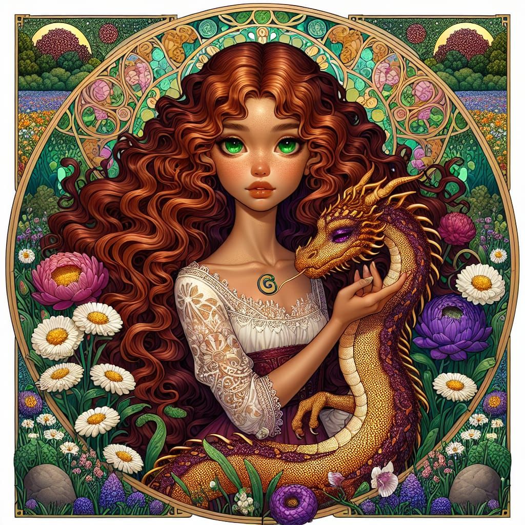 A beautiful sweet little girl feeding a sparkling scaly dragon