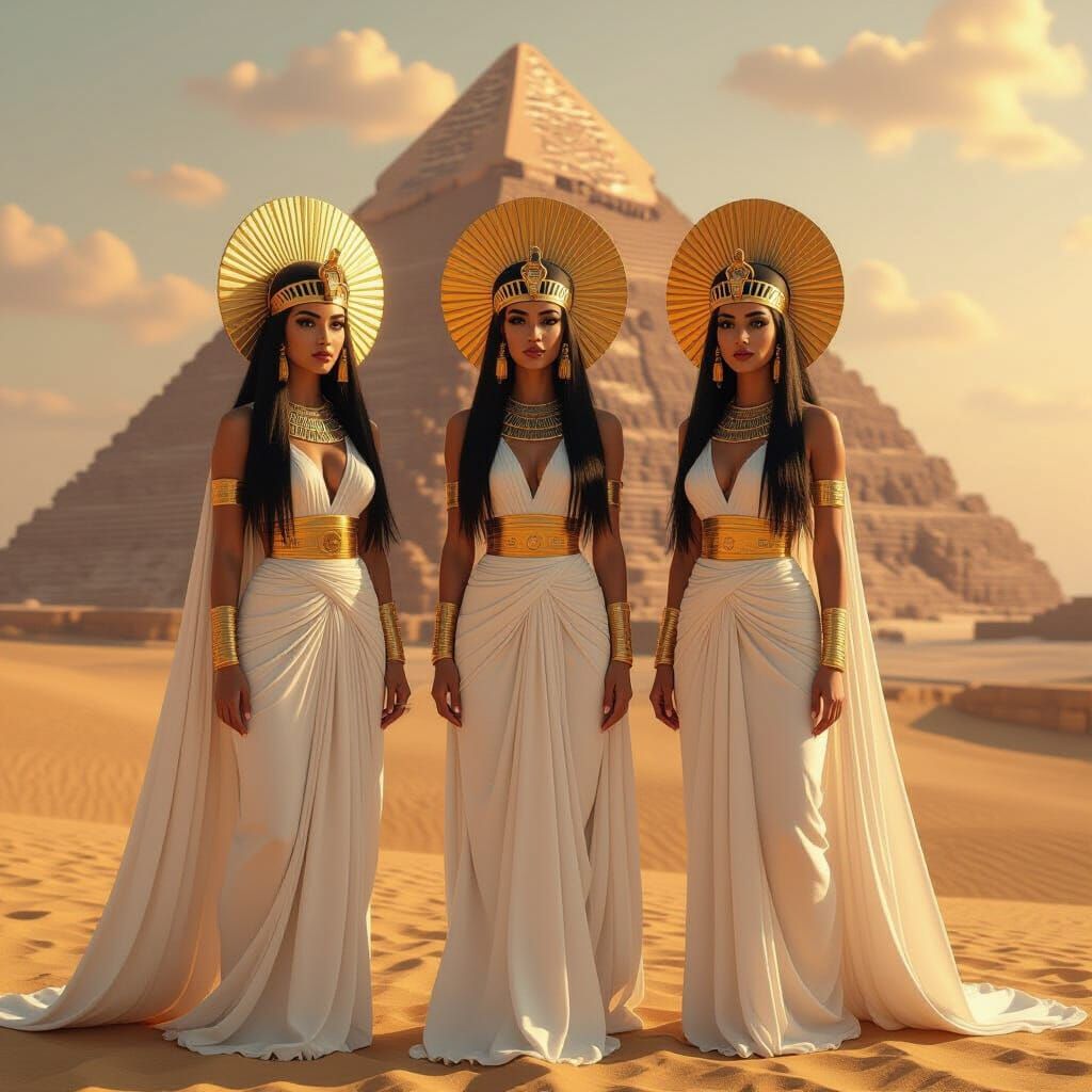 Giza Pyramid: Hybrid Isis Figures in Golden Light