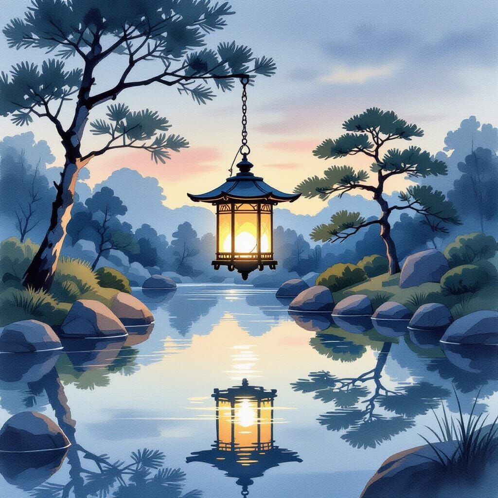 Antique Lantern Glows Over Reflective Japanese Garden Pool