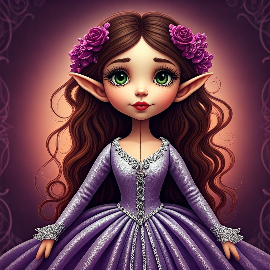 Ethereal Rag Doll Elf Maiden in Whimsical Gown