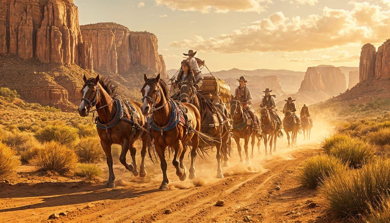 Wagon Chase by Navajo Indians in Western Concept Art