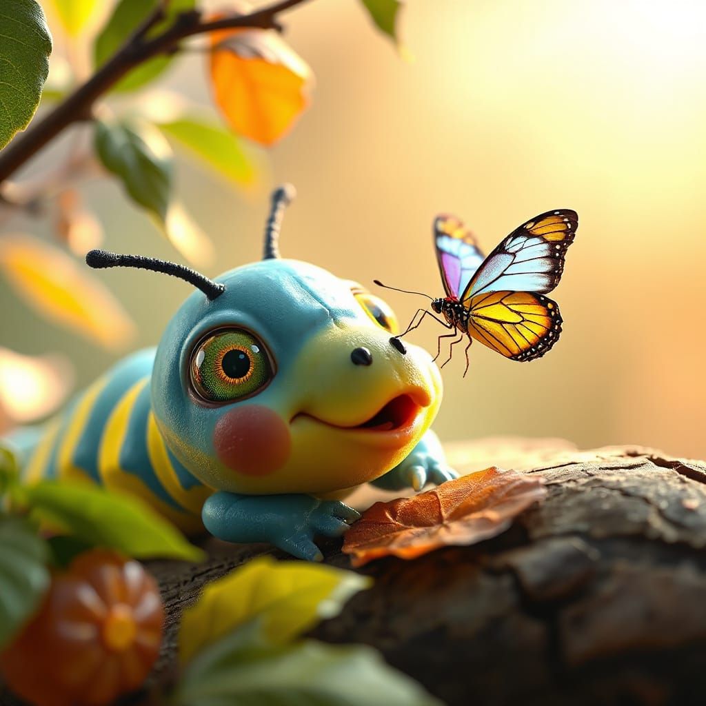 Excited Caterpillar with Butterfly in Hyperrealistic CGI