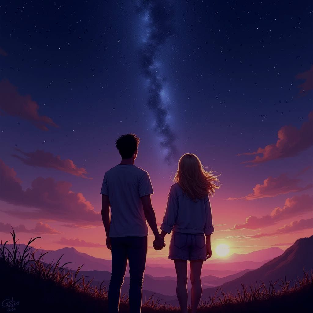 Couple Gazing at Starry Night Sky Sunset