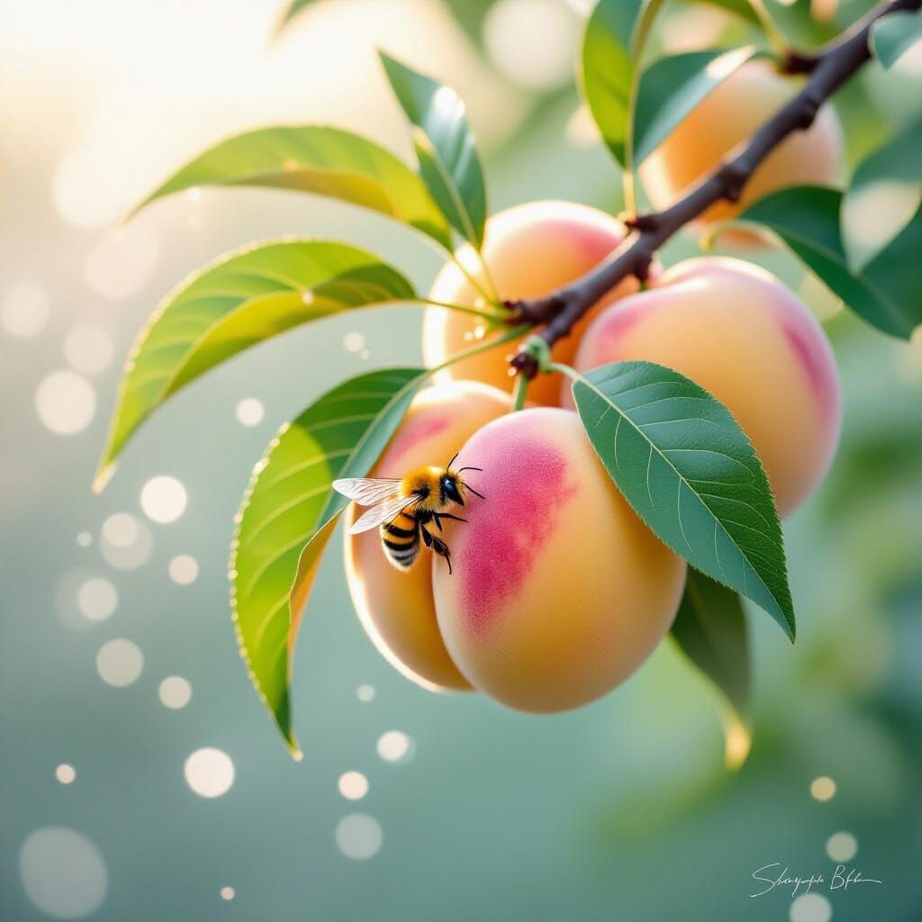 Peach Branch with Bee in Rain, Hyperrealistic Style