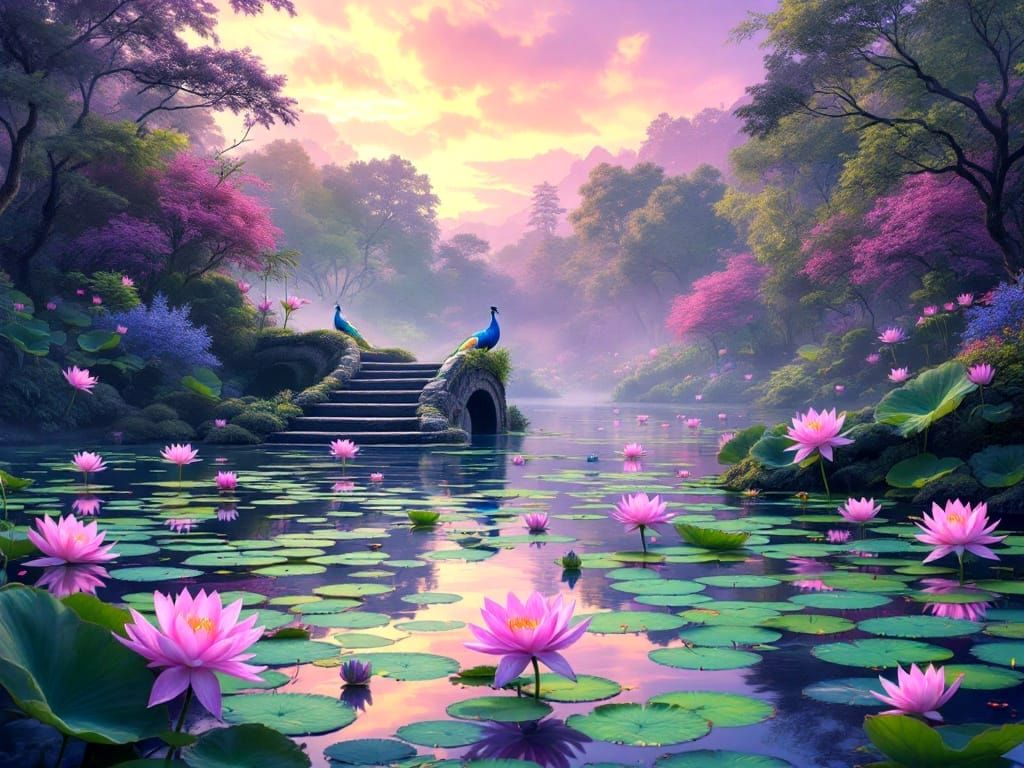 Serene Monet-Style Lake Scene at Lavender Twilight with Maje...
