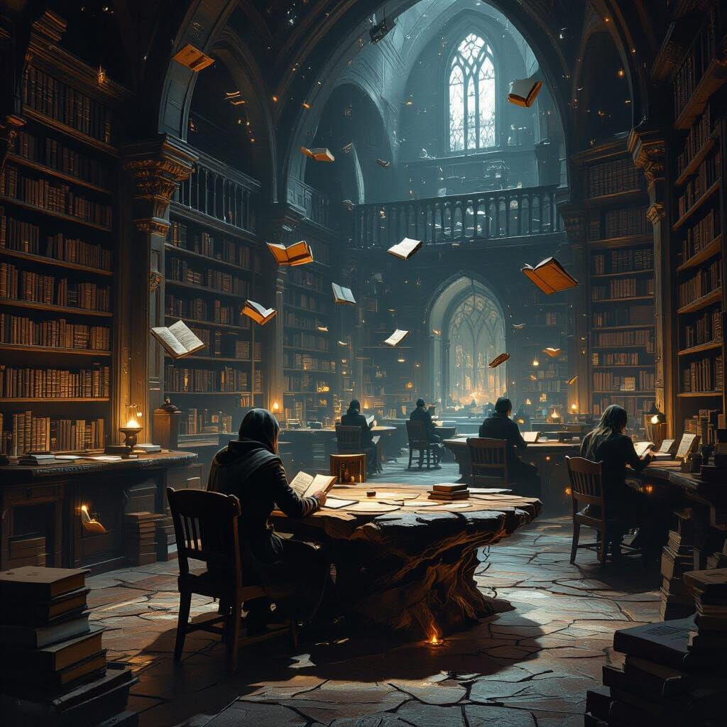 Ancient Library Café with Floating Books in Dark Fantasy Sty...