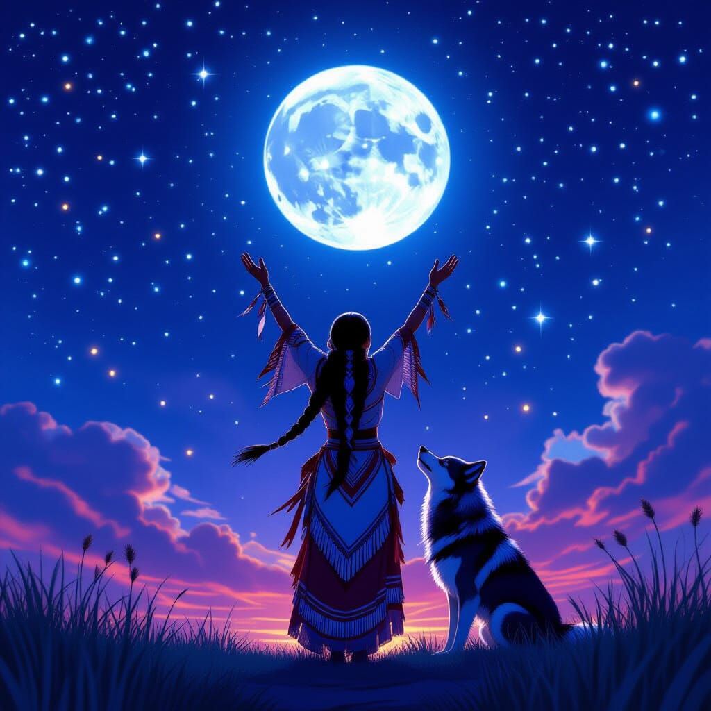 Mystical Night Sky with Native Woman and Wolf