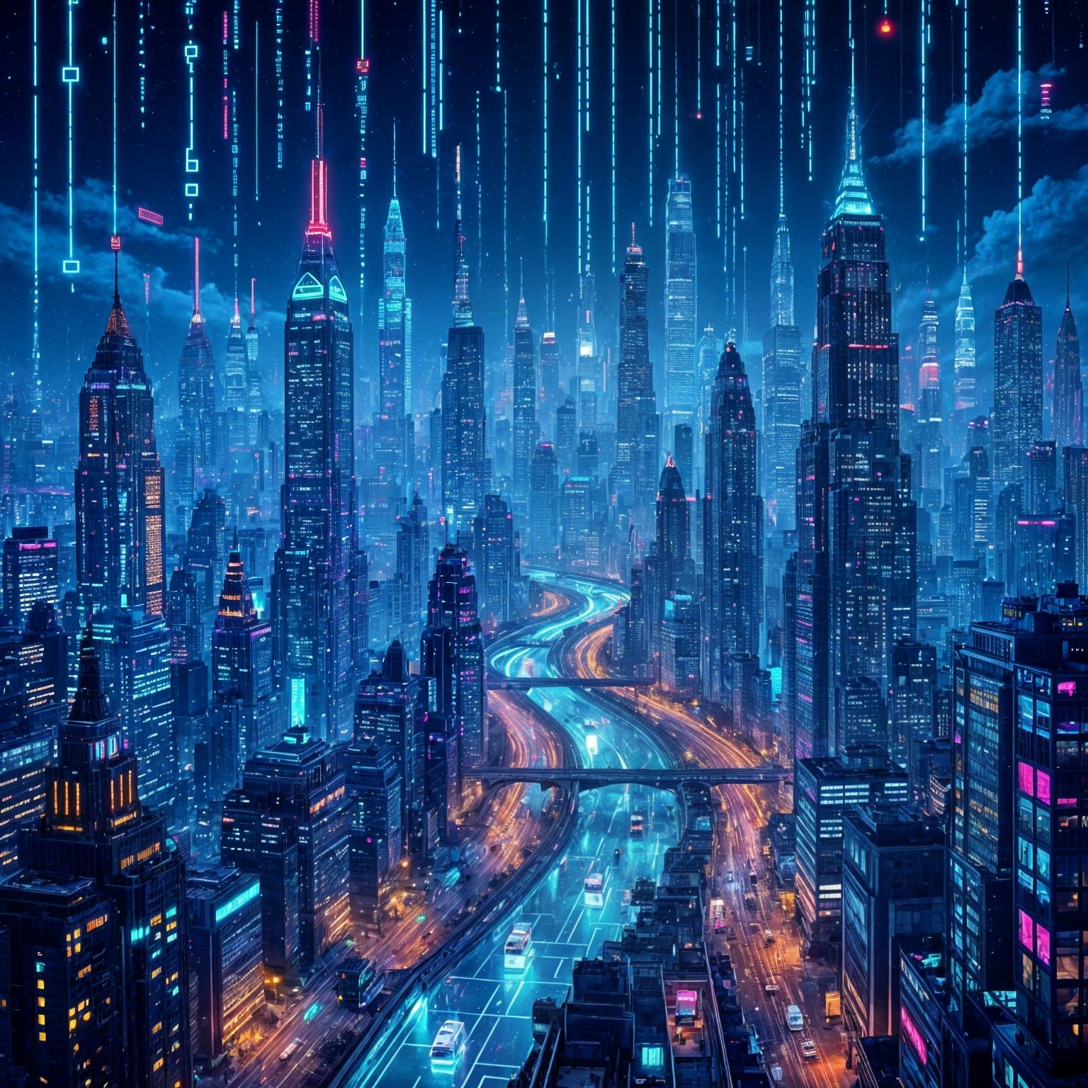 Cyberpunk Cityscape of Glowing Code and Holograms