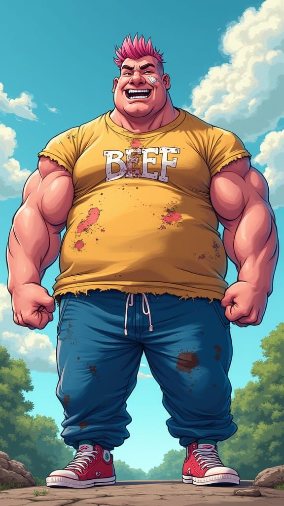 Anime Muscle Giant Flexing with Exaggerated Proportions