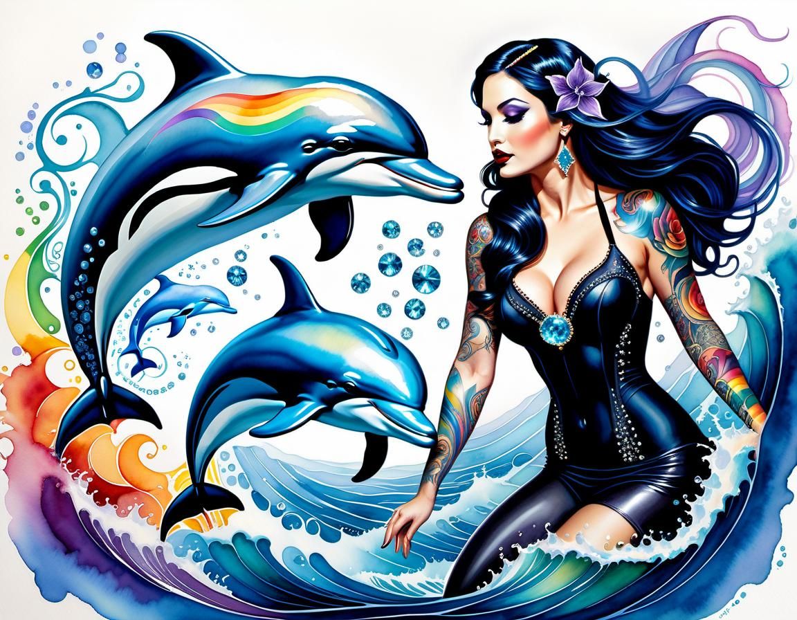Dolphins Swimming in Ocean: Watercolor Gothic Pinup