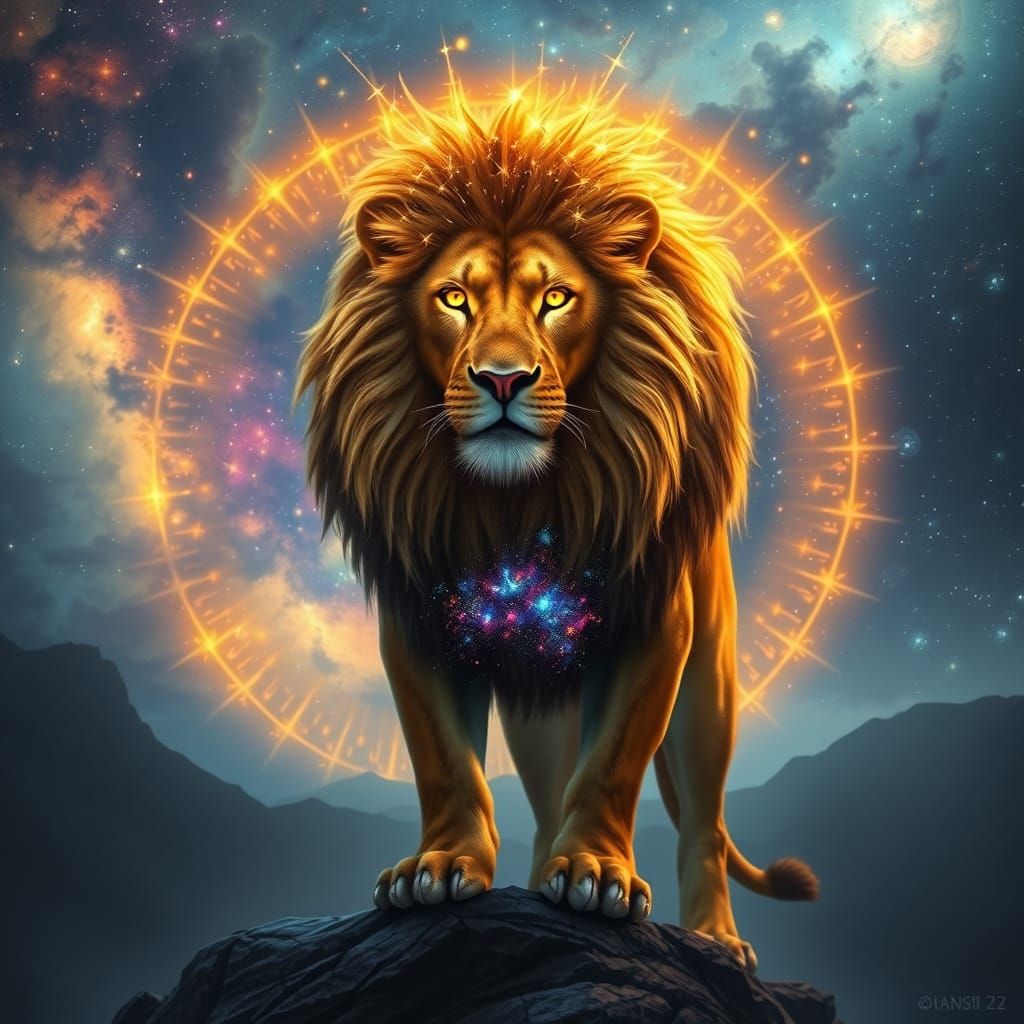 Starlight Lion on Mount Olympus in Hyperrealism Style