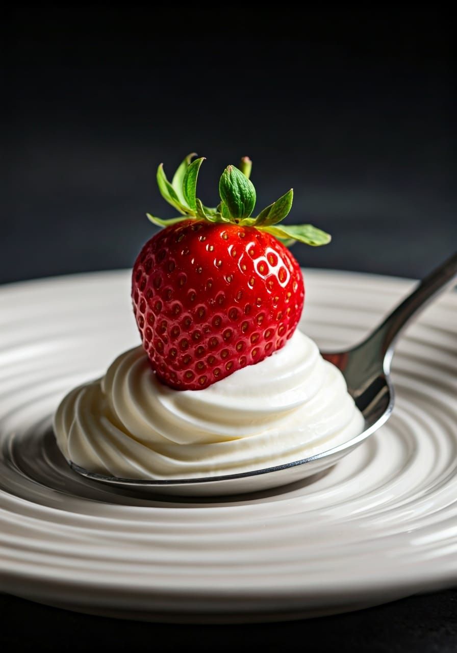 Strawberry Suspended Above Spoon with Ice Cream