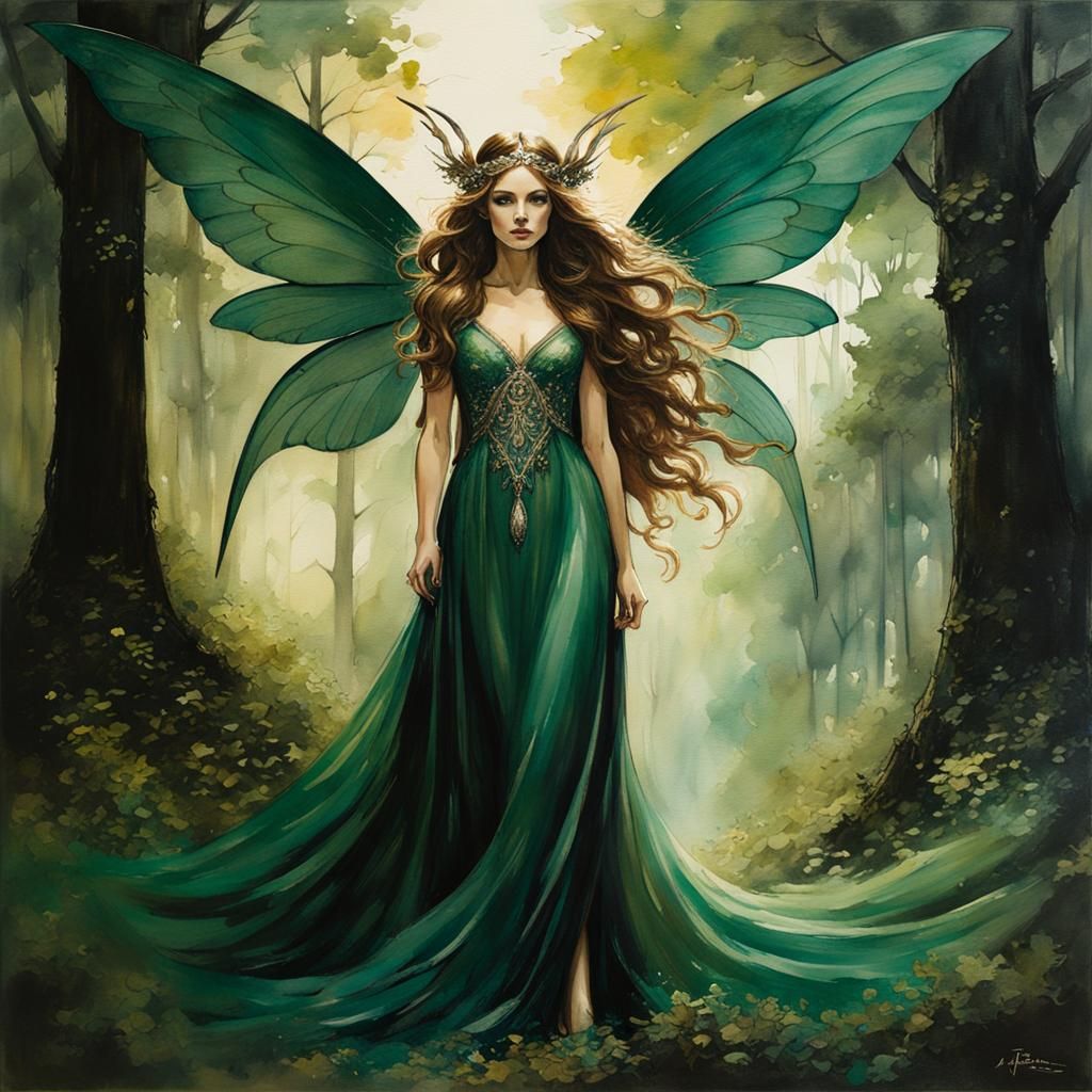 Watercolor Fairy Goddess in Enchanted Forest