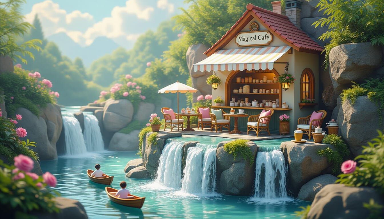 Magical Mini Cafe Atop Waterfall in Pastel Mixed-Media Style