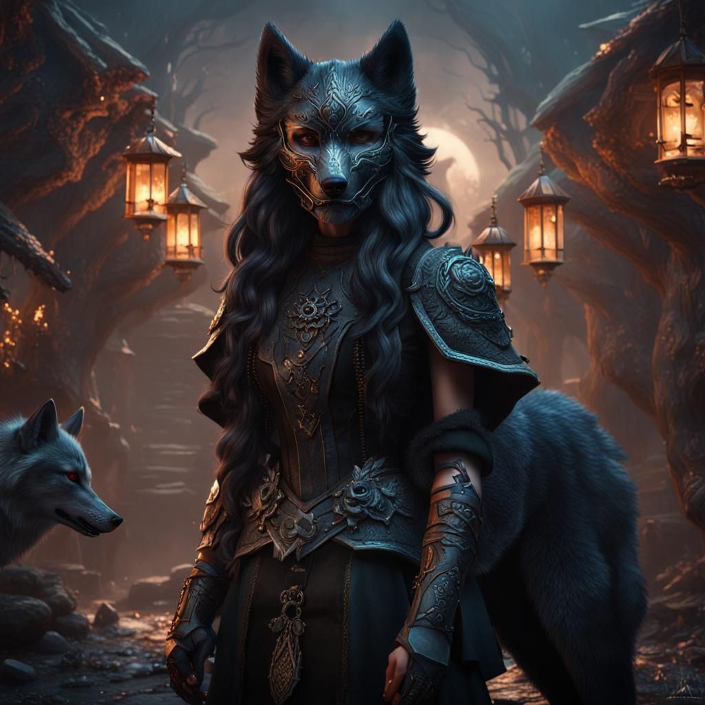 Girl with Wolf Mask Fantasy Concept Art