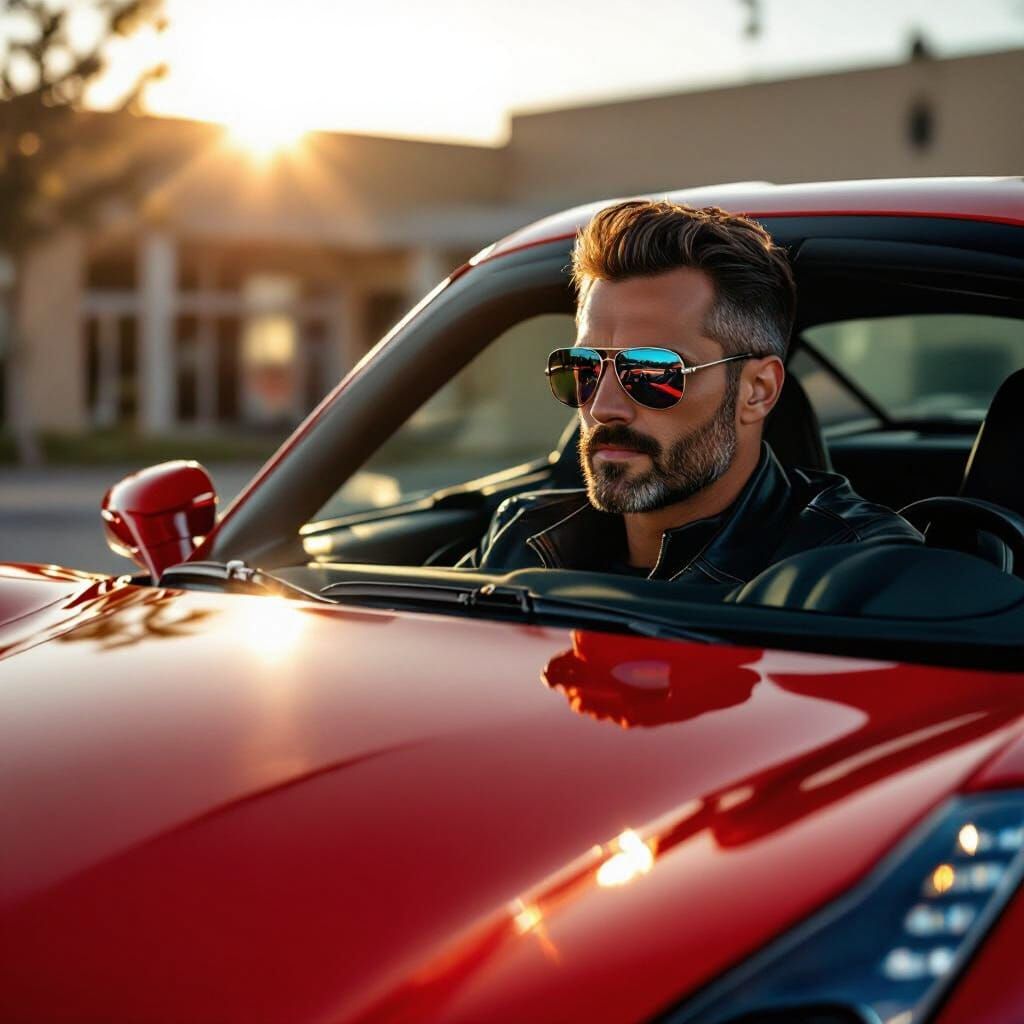 Red Ferrari Outside School in Cinematic Style