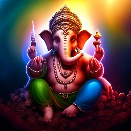 Ganesh in Space with Rainbows: Digital Art