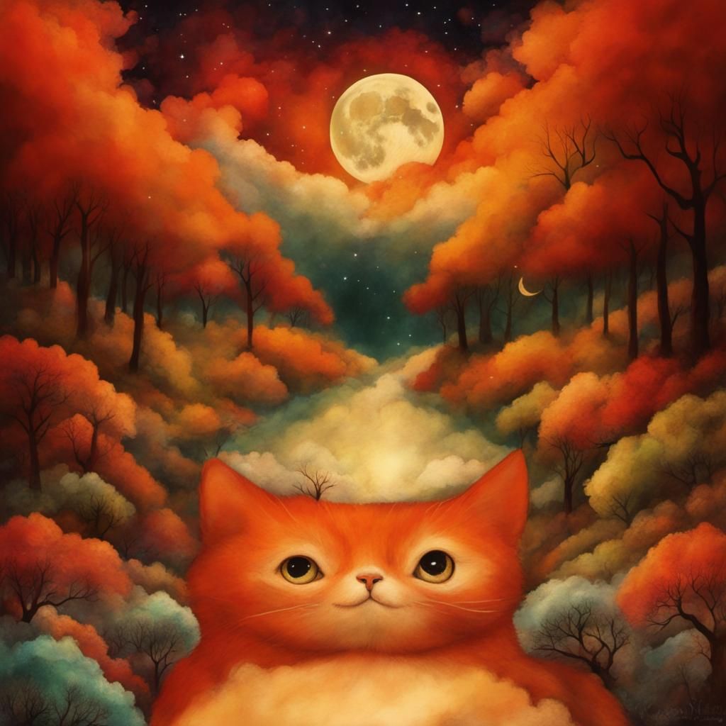 Mythological Moonlit Scene with Vintage Art Style