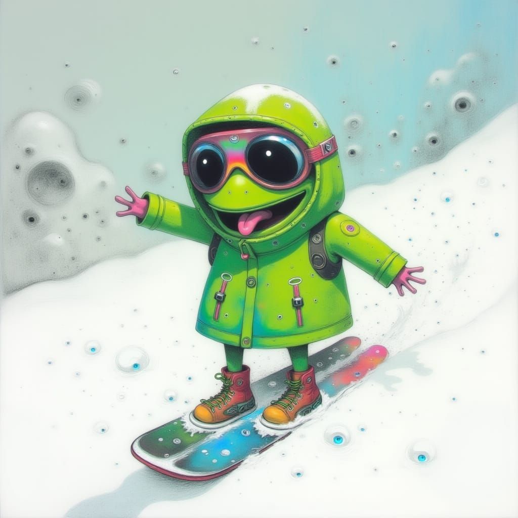 Kermit Snowboarding in Kidcore Watercolor Style