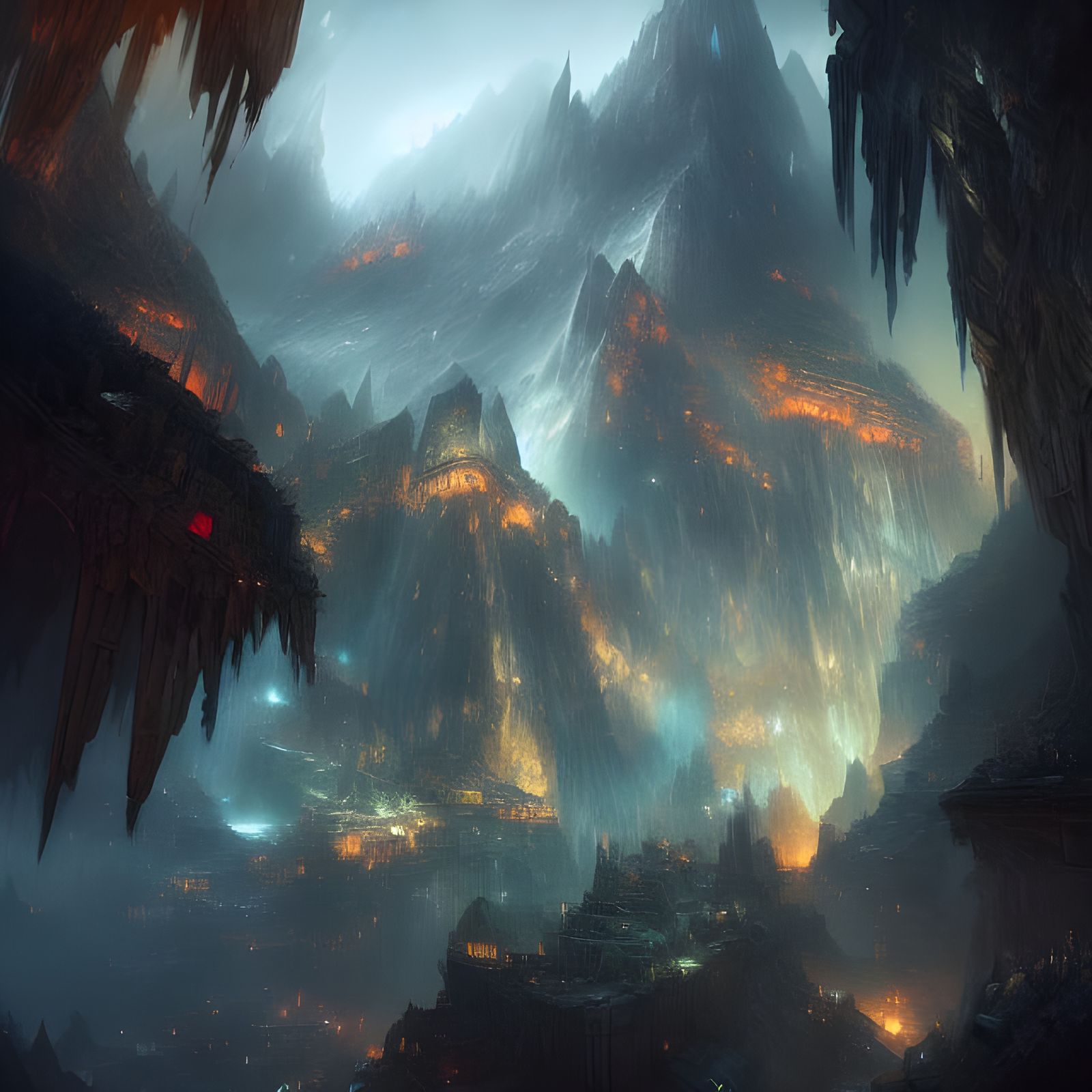 Fantastical Cavern City Painting within a Mountain