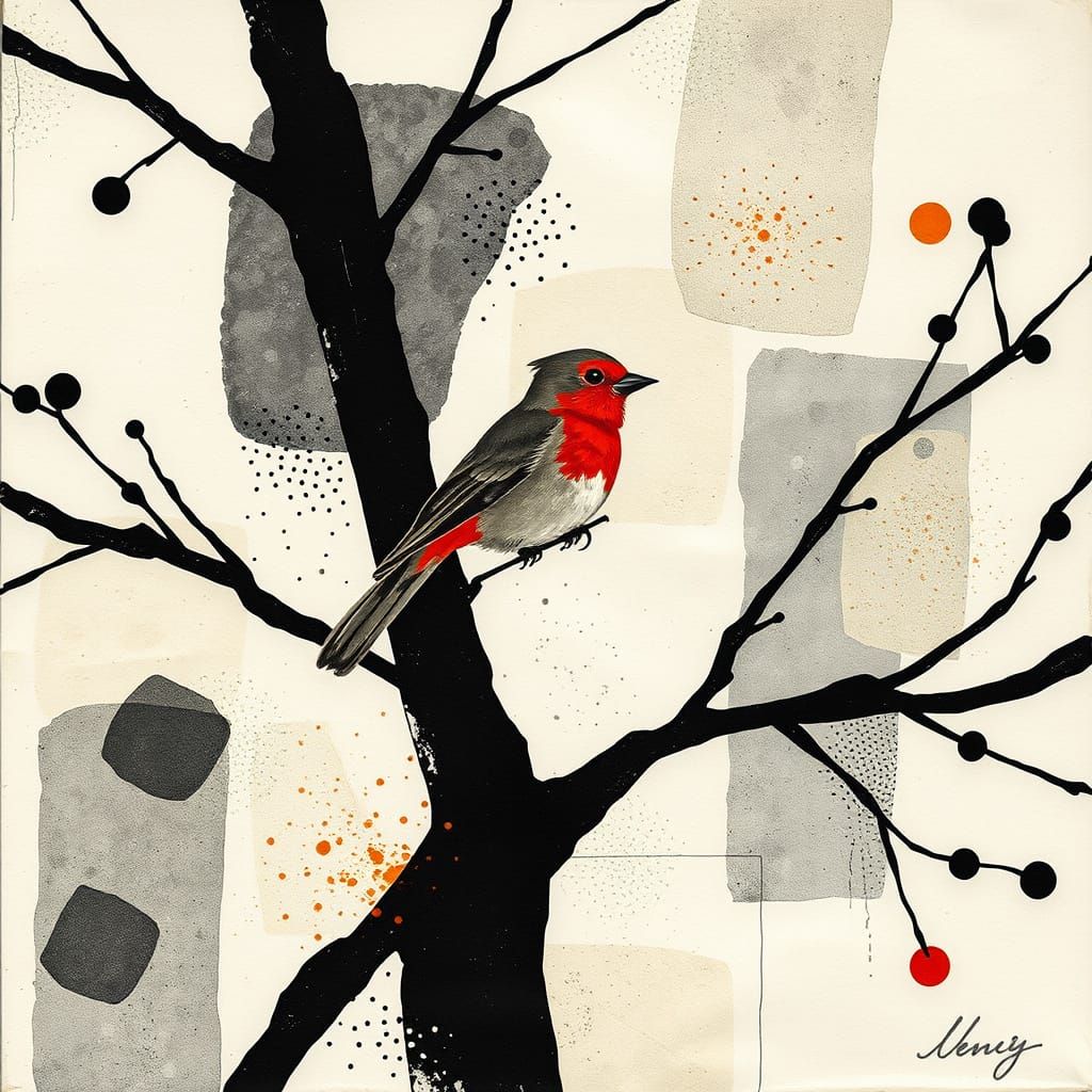 Abstract Robin Perched on Branch in Moody Textured Collage