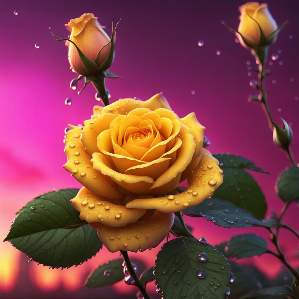 Yellow Tea Rose with Dew in Sunset: 8K Macro