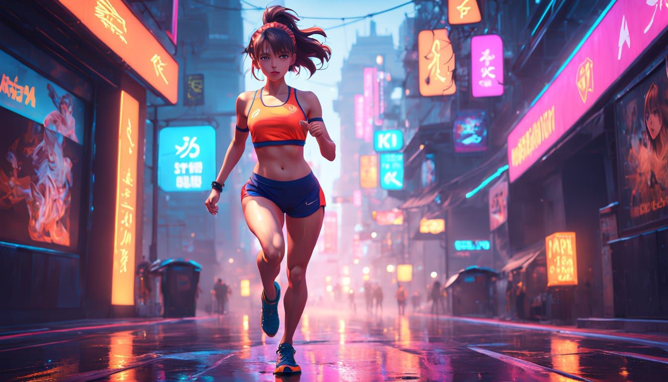 Vibrant 3D Anime Woman in Neon-Lit Jog