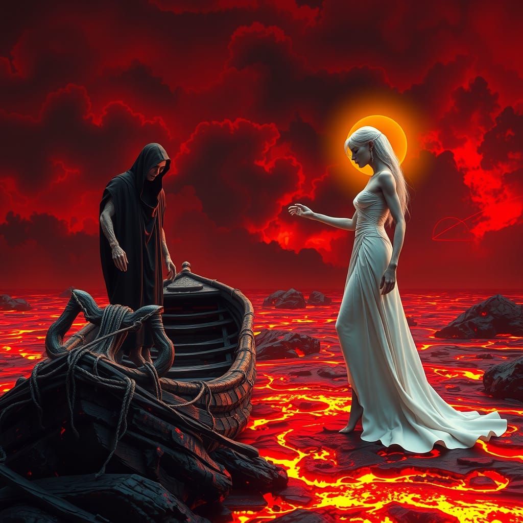 Fiery River Styx: Ferryman Guides a Soul