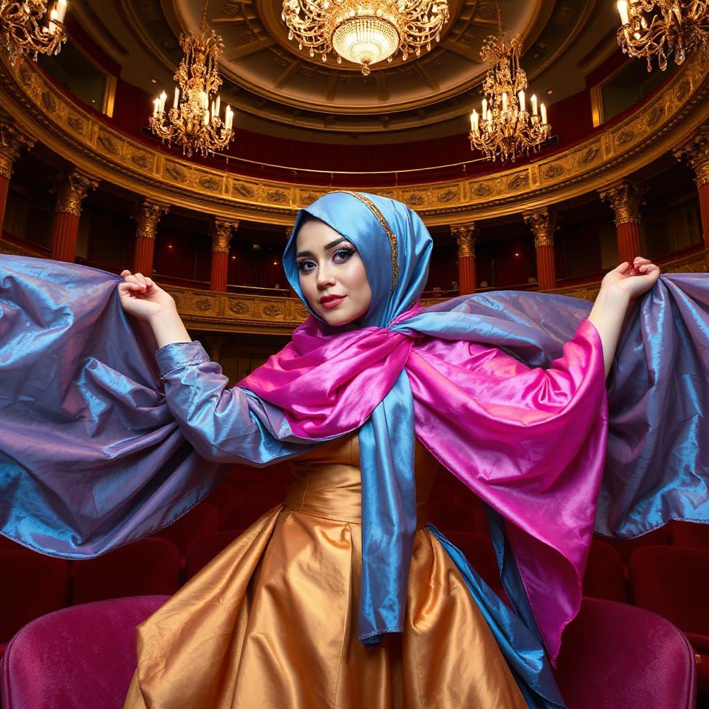 A flamboyant satin headscarf hijab wearing queen, draped in layers of iridescent satin and chiffon, poses dramatically i...