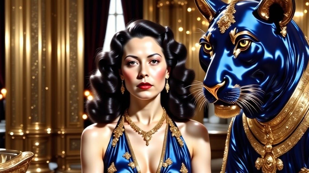 Elegant French Woman in Blue Velvet Beside Cobalt Tiger Scul...