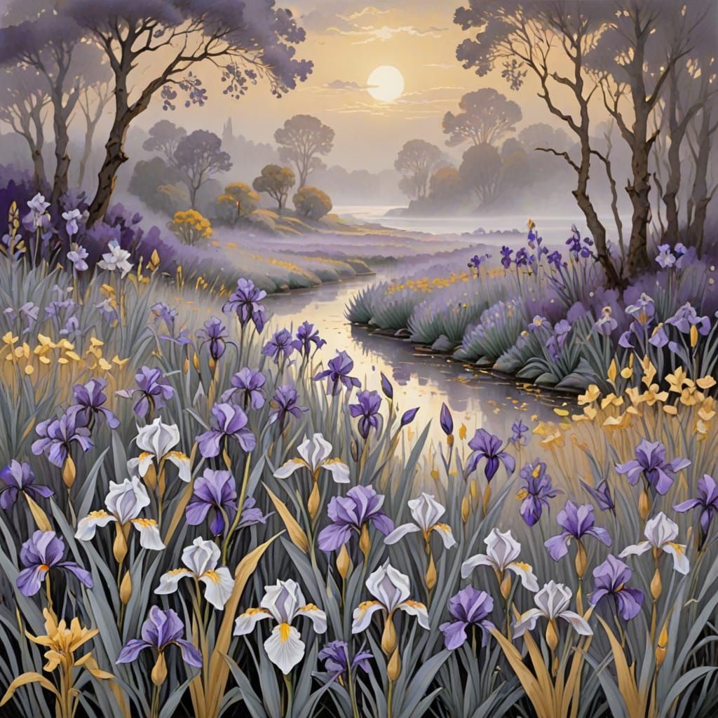 Misty Morning Landscape with Vibrant Irises in Soft Pastel H...